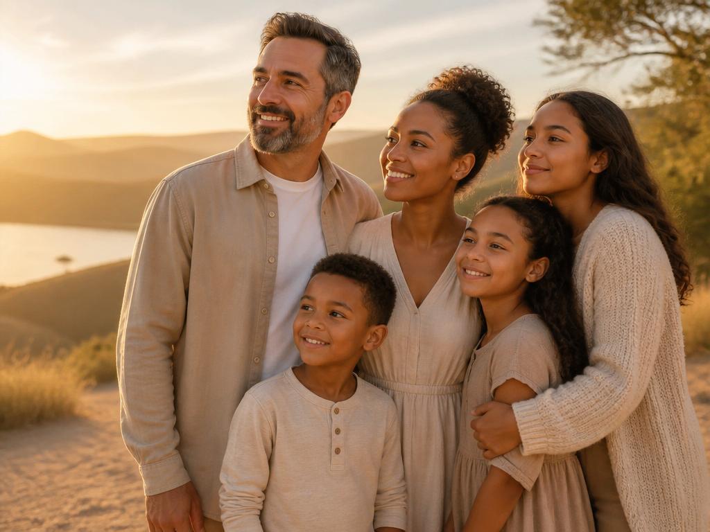 A hopeful family standing together at sunset